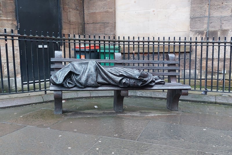 The Homeless Jesus Statue can be found around the back of St George's Tron Church on Nelson Mandela Square. The life-size statues have been placed in cities around the world since 2013 with this one being unveiled in Glasgow in 2017. 