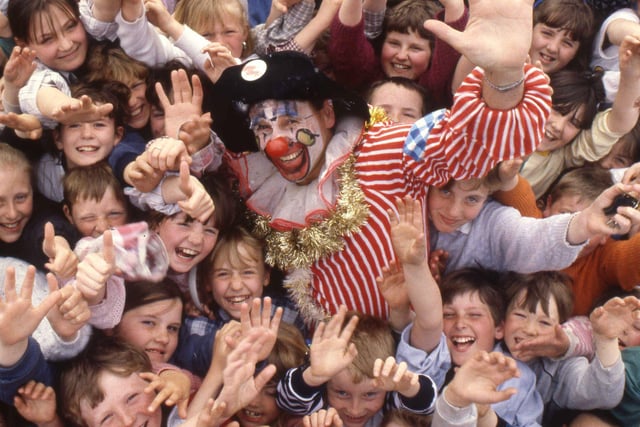 Deputy headmaster Alan Evans clowning around with pupils from Murton Primary School. They learned the finer points of juggling in 1988.