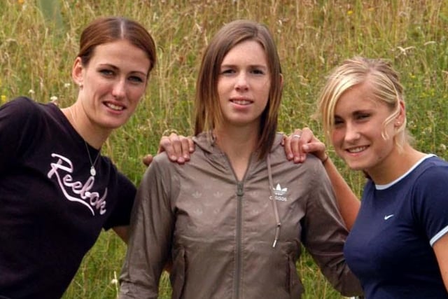 Carly Telford, centre, was a goalkeeper in the England World Cup squad of 2019. She started her footballing career at Sunderland and is pictured here with Jill Scott and Steph Houghton at Dalton Park in 2007.