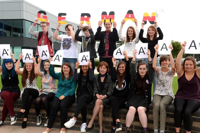 Washington School German teacher Lynn Langford (seated 6th from left) whose class all attained A or A* results in their GCSEs.
Remember this from 2013?