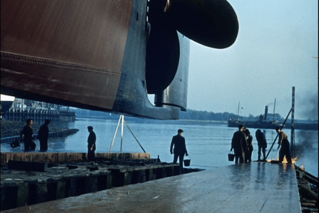 Seawards the Great Ships is a 1961 film produced by John Grierson. It won an Oscar in 1962 for Best Short Live Action Subject, the first Scottish film to win an Academy Award. It chronicles the shipbuilding industry of the River Clyde during the early 1960s, featuring footage from the Fairfield and John Brown shipyards. It was produced by Glasgow-based Templar Films for the Clyde Shipbuilders’ Association. It includes dialogue between shipyard workers, but this is all scripted. They had hoped to use genuine dialogue between shipyard workers, but this included too many swearwords to be usable.