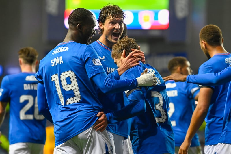 Rangers celebrate their second goal at Ibrox as they beat Livingston 4-0