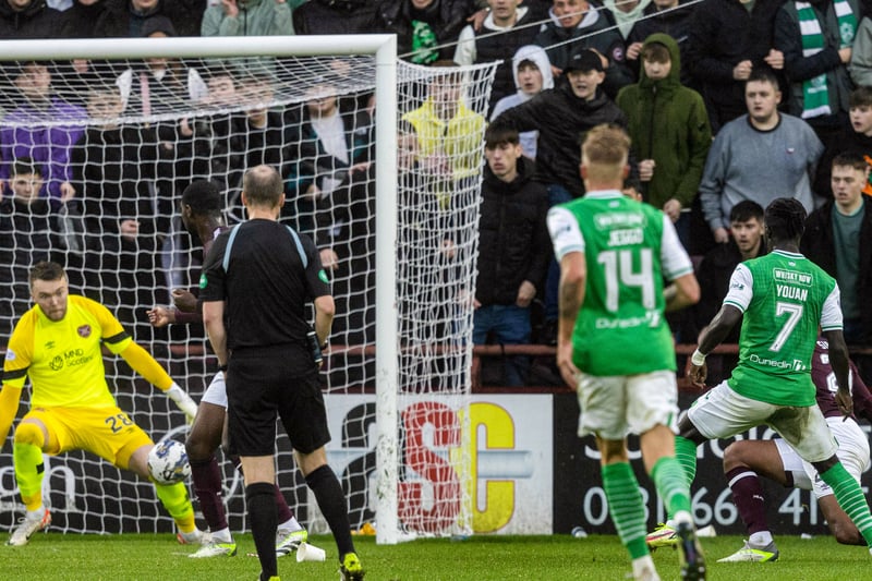 The Hibs forward strikes twice in two minutes to equalise for the Hibees in a dramatic turn of momentum