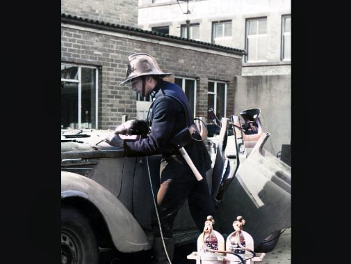 A fireman demonstrates new high-speed cutting equipment on an old car in the Sheffield Fire Brigade station yard in 1967. Picture: Sheffield Newspapers