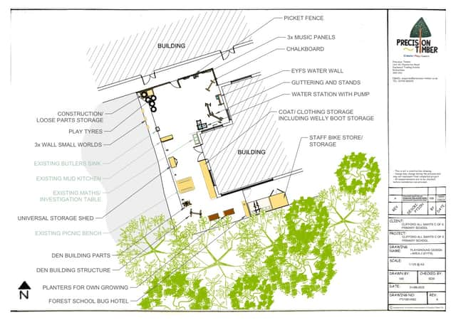 Building plans by Rotherham business Precision Timbers how how the new bespoke playground will look at All Saints C of E School's Ringinglow Road site.