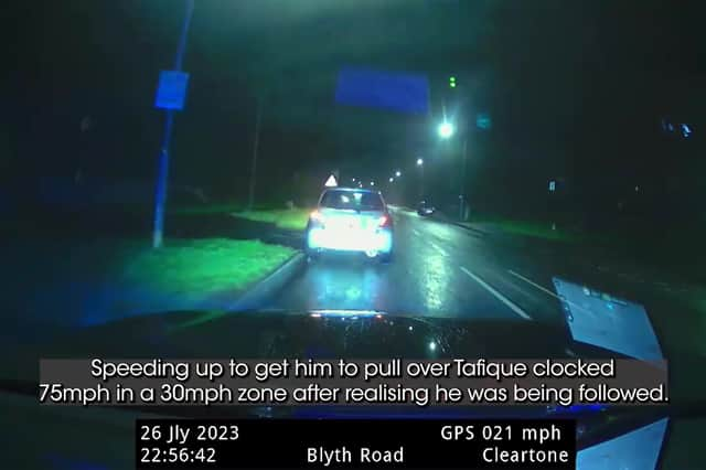 Video grab from footage police have released dash-cam footage showing the moment a dangerous driver was caught speeding through a residential area while wearing his football boots.  Picture: Nottinghamshire Police / SWNS