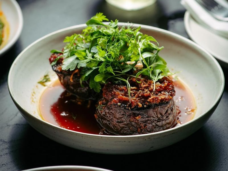 Aubergine sambal, crispy leek, coriander. One of the reasons Five March is among the best places in the city for vegetarian and vegan plates is dishes like this. 