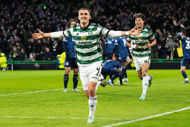 Celtic's Gustaf Lagerbielke celebrates after scoring to make it 2-1 against Feyenoord