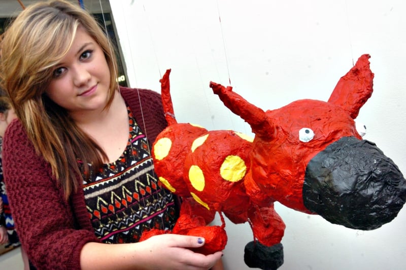 Evie Thompson with her Wonkey Donkey which was part of the No Jumping on the Bed exhibition by Year 11 pupils from Thornhill School in the Market Square in 2011.