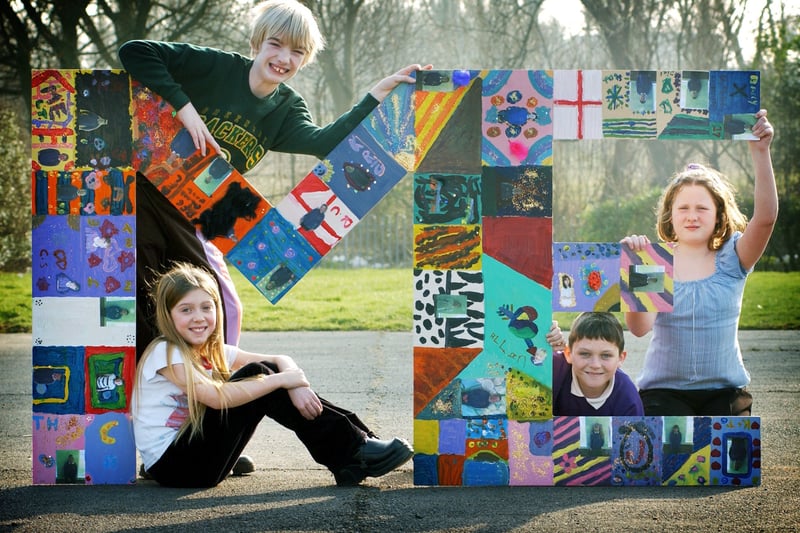 Pupils from Boundary Primary School with a 'ME' sculpture they created to help promote self confidence. L-R Hayley McMahon, Allan Aoslin, Martin Kane and Louise Brennan