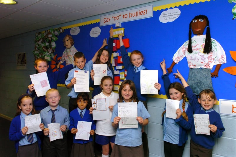 Prizewinners from the poetry competition part of their "say no to bullies" project-at Layton Primary school, Blackpool. Back, from left, Hayden McIlroy, Jordan Brown, Hollie Threlfall, Amy Markland. Front, from left, Olivia Cunningham, Callum Leeming, Aaliyah Brown, Shannon Harrison, Laura Miller, Chynna Wright and Aimee Collins.