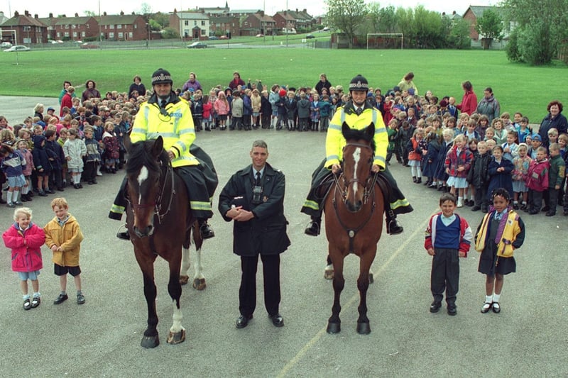 Layton Community Bobby PC John Crystal, with colleagues from the Lancs Constabulary Mounted Division, PC Phil Walsh and  WPC Cath Grice , during their visit to Layton County Primary School, Blackpool.