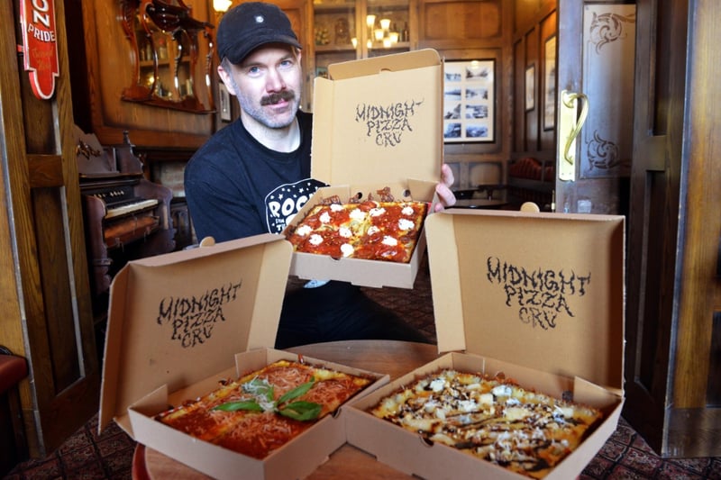 Dan Shannon, owner of Midnight Pizza Cru was pictured with three pizzas in 2021.
They were the Motor City cheese and sauce, Sun City pepperoni and the Fabio I Used to Love You blue cheese pizzas.