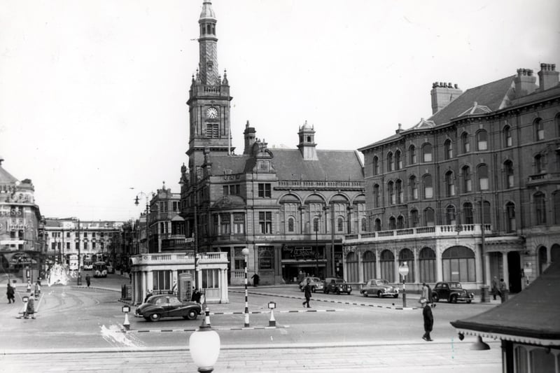 A tram trundles down Clifton Street towards Talbot Square. The fine shelter was still intact, along with the Town Hall spire which was removed in 1966 and the Clifton Hotel is seen on the right