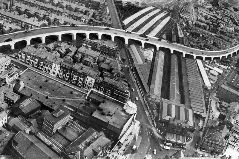 1960s artist's impression of a proposed fly over road superimposed on a view of the Central Station area of Blackpool seen from the top of the Tower. Part of the Central Station area development scheme