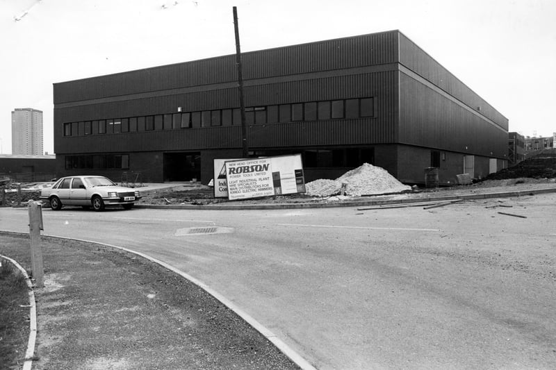 Beeston Royds Industrial Estate, Gelderd Road, showing the new premises for Robson Power Tools Ltd. This was a hire business with light industrial plant machinery, electrial hammers etc. available. To the left is a block of flats, one of the Cottingley development. This area is known as Beeston Near Royds. Pictured in July 1980.