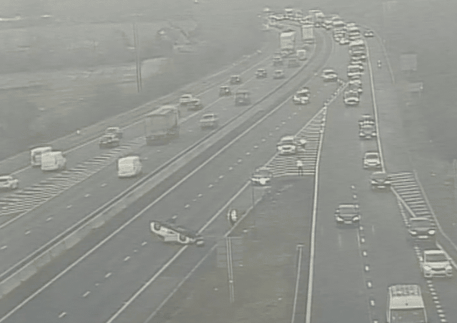 Highways England shared this image of an overturned car on the A1(M) near the junction for the M18 in Doncaster on February 5. Delays of up to 60 minutes have been reported.