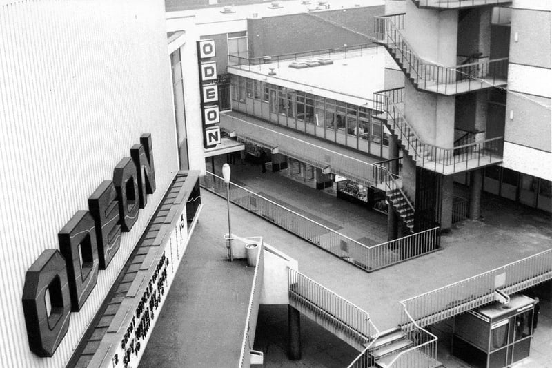 View from the upper level of the balcony showing the Odeon cinema in the Merrion Centre when it was newly built. It opened with a showing of 'The Fall of the Roman Empire' starring Alec Guiness and Sophie Lauren on August 17, 1964. It was the first cinema to be built in Leeds since the 1930s and cost £100,000. 