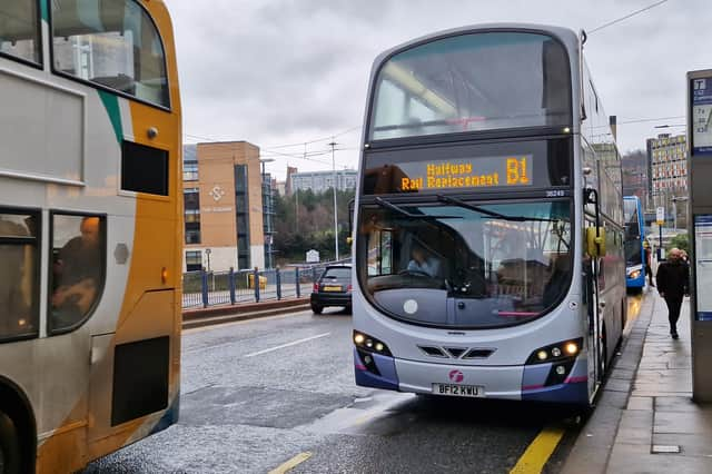 The tram replacement bus at Commercial Street, running for the first time today after a broken rail meant the supertram blue line could not run from the city centre to Halfway. Picture: David Kessen, National World