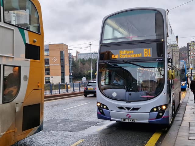 The tram replacement bus at Commercial Street, running for the first time today after a broken rail meant the supertram blue line could not run from the city centre to Halfway. Picture: David Kessen, National World
