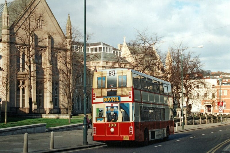 This photo shows a park-and-ride bus in South Sherwood Street in 1997. 

The bus was painted in a livery based on Nottingham's original electric trams as part of the celebration of 100 years of municipal operation of public transport in the city.