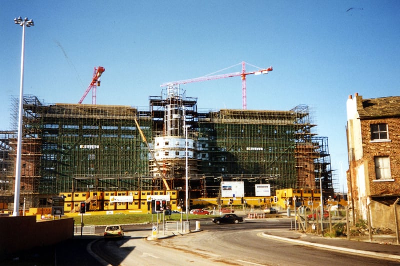 A view from Shannon Street taken during the construction of Quarry House in the autumn of 1991. This government building opened in 1993 as the headquarters of the Department of Health and Social Security. Its functions are now shared by two departments based in the building, the Department of Health and the Department of Work and Pensions.
