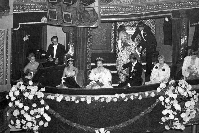 HM Queen Elizabeth II and HRH The Duke of Edinburgh, along with the Princess Royal and the Earl and Countess of Harewood, in the Royal Box at the Grand Theatre.
They were attending a performance of Handel's opera "Samson", part of the centenary celebrations of the Leeds Triennial Musical Festival, The Earl of Harewood, the Queen's cousin, was Director-General of the Musical Festival at the time.