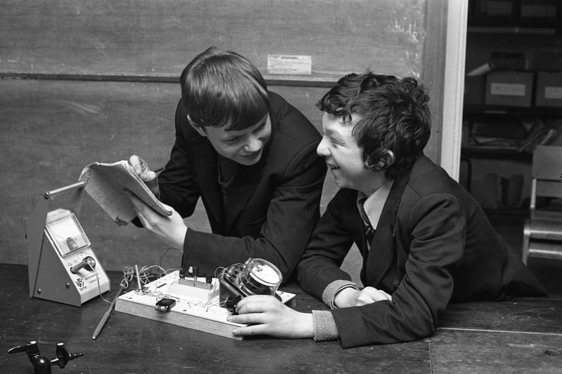 Kevin Potts, 15, left and Garry Schonewald, 14 were testing the thermal conditions of different material at Pennywell School in March 1978.