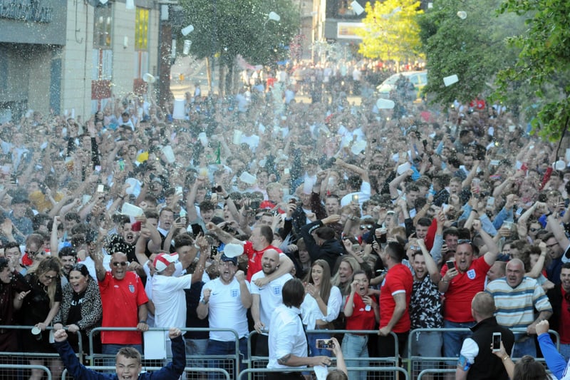 Fans go wild in Low Row as England score against Colombia in a tense round of 16 match six years ago.