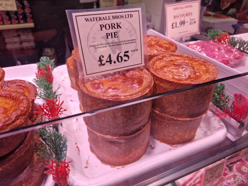 The large pork pies from Waterall Brothers, priced £4.65 each, are famous. Also popular are the sausage rolls, priced 95p or four for £3.65, small pork pies at 99p apiece and onion bhajis for £1.30 each or three for £3.60.