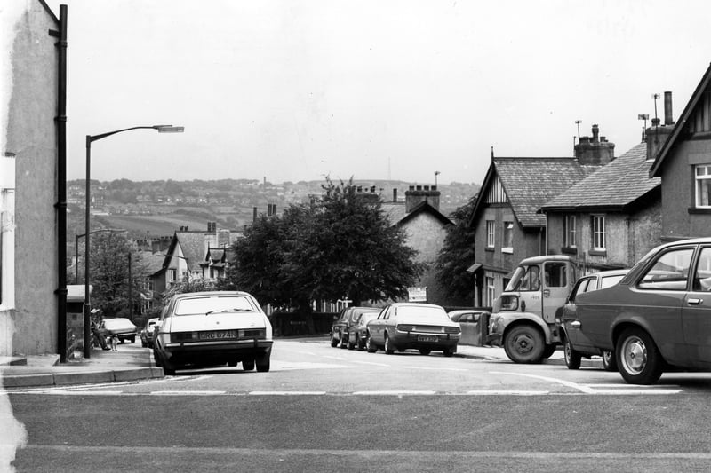 Victoria Gardens taken from New Road Side (A65). Victoria Walk is the first junction, right. The view looks across towards Bramley. Pictured in July 1980.