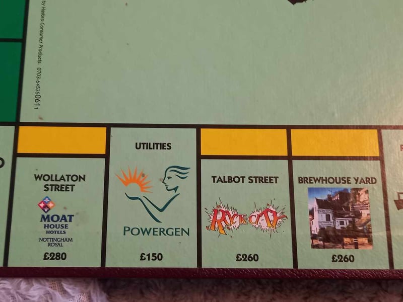 The yellow section is where the board starts to show its age. 

The Nottingham Royal Hotel has been owned by Crowne Plaza since 2005. 

Powergen was taken over by Eon shortly after the Nottingham Monopoly came out. 

The Rock City logo is also outdated, but Brewhouse Yard remains largely the same. 