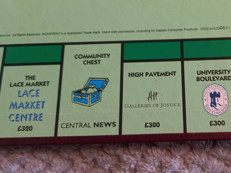Some minor changes on the green section of the board. 

The Lace Market Centre closed in 2005 and the Galleries of Justice is now called the National Justice Museum.

The University of Nottingham has changed its logo since 2001, too. 