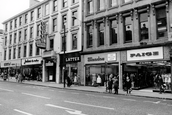 Shops on Sauchiehall Street pictured in 1970 with the Royal Hotel also visible. 
