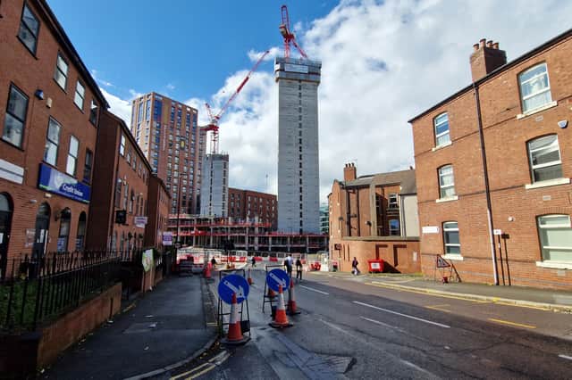 A 27-storey block of flats under construction on the Sytner BMW site. Hawley Street, foreground, will be closed at its junction with Tenter Street to improve conditions for walking and cycling.