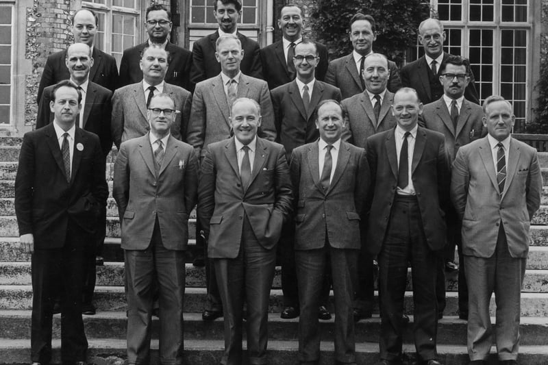 A group of Yorkshire Electricity Board executives outside Scarcroft Lodge, off Wetherby Road. Ernest Seal can be seen in the middle row, fourth from left. The lodge was built in 1830, bought by YEB in 1945, and became their headquarters until it was sold in 2018.