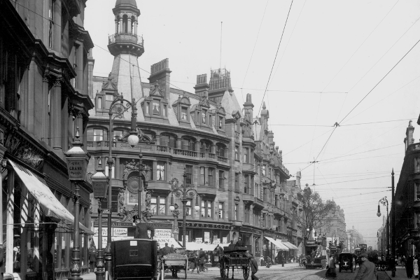 Looking east along from Charing Cross on Sauchiehall Street in 1905 as horse and carts go along the bustling Glasgow street in the days before the motorway. 