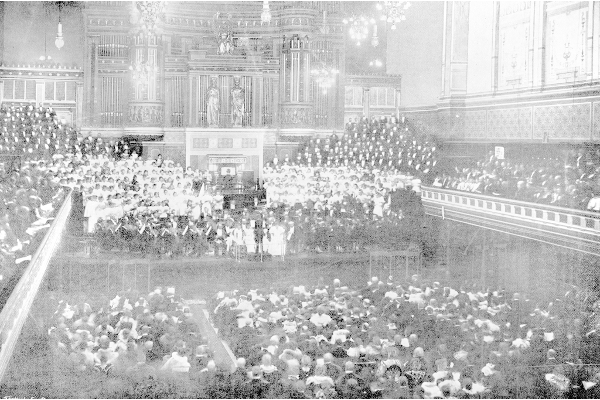 A look inside St Andrews Halls in December 1898 during the opening concert of the Choral and Orchestral Union of Glasgow. 