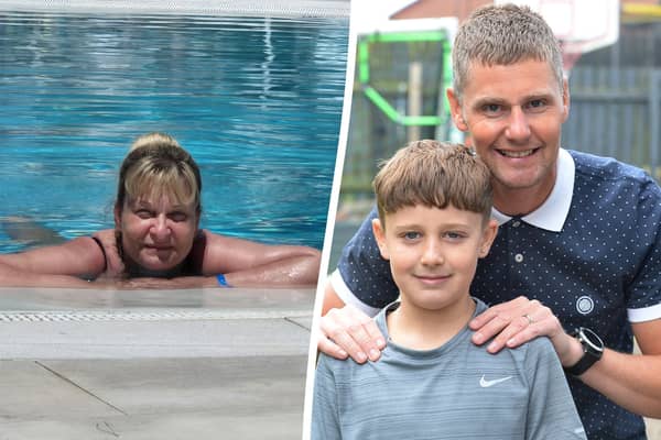Debbie Taylor (left) was "clinically dead" after she went into cardiac arrest at a resort in Menorca - before Rotherham lad Freddie Newton with his dad Matt sprang into action and saved her life.