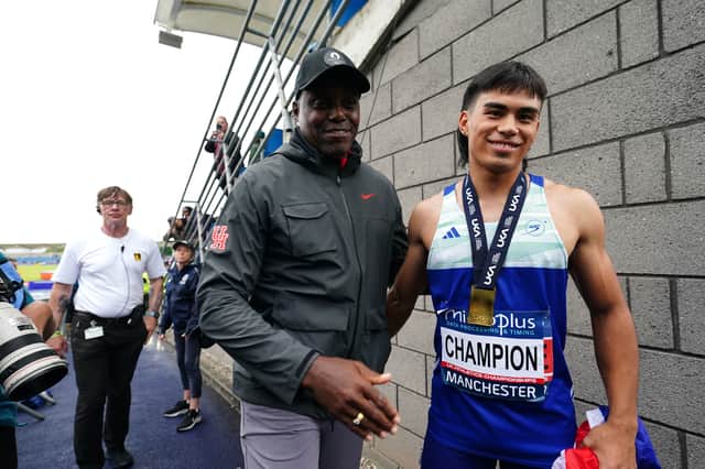 Sheffield sprinter Louie Hinchliffe with his coach, the Olympic great Carl Lewis, after winning the 100m title at the UK Athletics Championships. Photo: David Davies/PA Wire