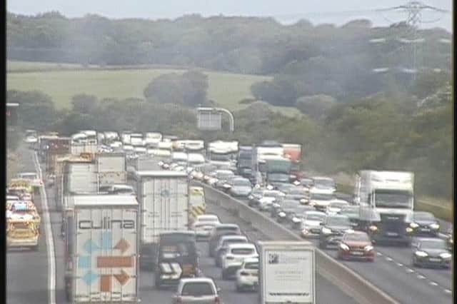 Traffic is building on the M62 near Leeds during rush hour