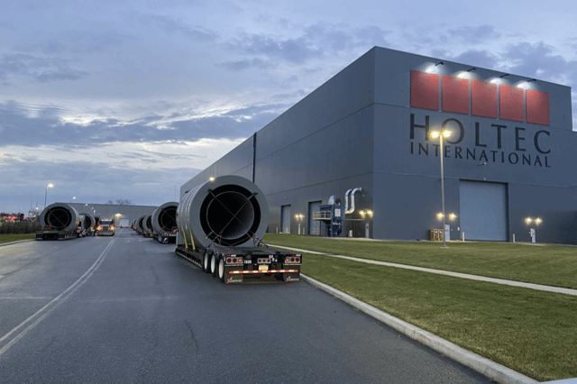 Holtec International Storage Modules (HI-STORMs) - for storing used nuclear fuel - departing Holtec's factory in Camden, New Jersey. The proposed UK factory would also produce such equipment.