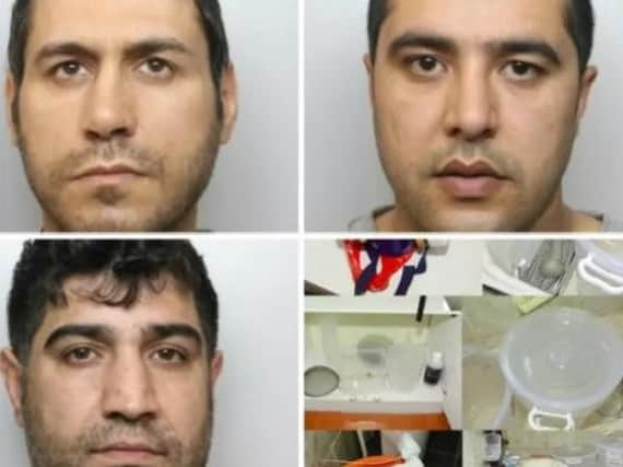 Top left, Nehdi Tajabidi, top right, Mohammed Chernarli, bottom right, Mehdi Esmacpoor, and some of the meth lab equipment found.