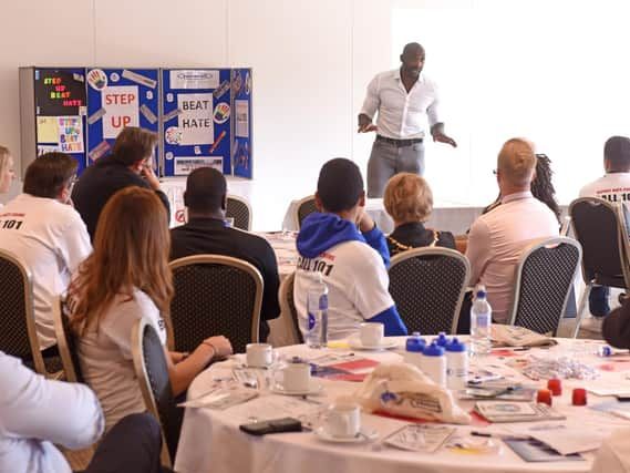 Johnny Nelson gives a talk at a Step Up Beat Hate project. Pictiure: Andrew Roe.