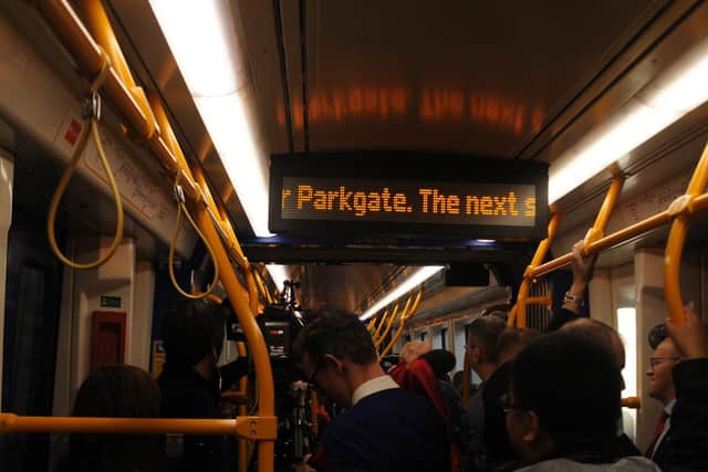 Passengers packed onto the first-ever tram train service between Sheffield and Rotherham. Picture: Sam Cooper / The Star.