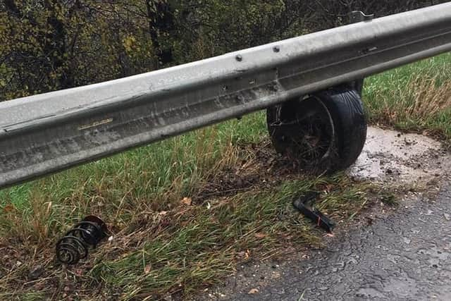 A car lost a wheel and ruptured its fuel tank after aquaplaning on the M1 near Sheffield yesterday