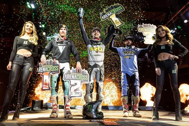 Arenacross 2019 Birmingham Main Event Super Final winner Cedric Soubeyras, second place Greg Aranda  and third Valentin Teillet. Photos: Arenacross 2019.