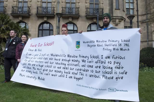 Pupils from Watercliffe Meadows gather in Sheffields Peace Gardens to protest against government cuts to education budgets