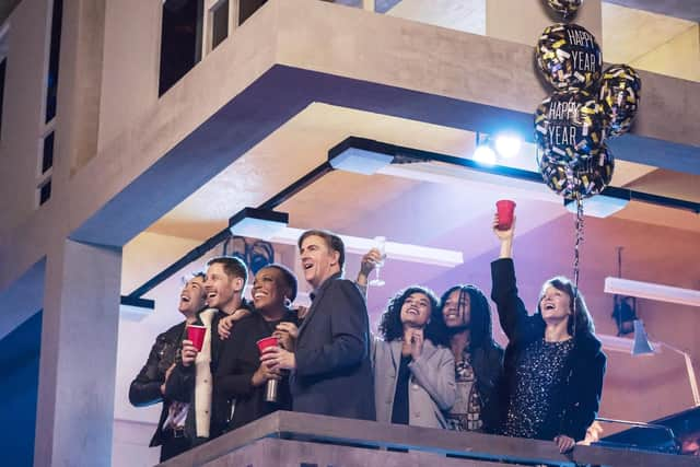 Louis Gaunt, Alastair Natkiel, Deborah Tracey, Damian Myerscough, Nicole Deon, Fela Lufadeju and Johanne Murdock in Standing at the Sky's Edge, Crucible Theatre.