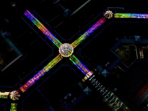 Meadowhall lit up with rainbow lights. Photo by James Marshall.